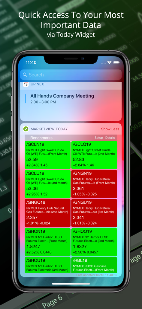 MarketView mobile app showing real-time energy and commodity price benchmarks in an iPhone Today Widget