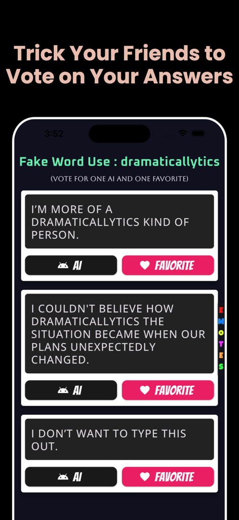 Party Ai - A screenshot of the Party Ai mobile game showing a gameplay screen where players vote on sentences using the fake word dramaticallylytics