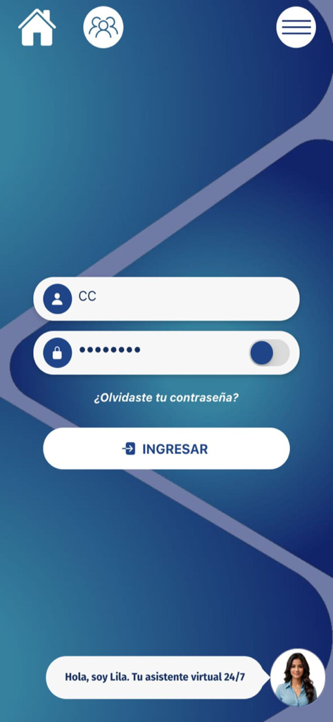 Pantalla de inicio de sesión de la app Asopagos SA con campos para identificación y contraseña, y un mensaje de asistente virtual en la parte inferior.