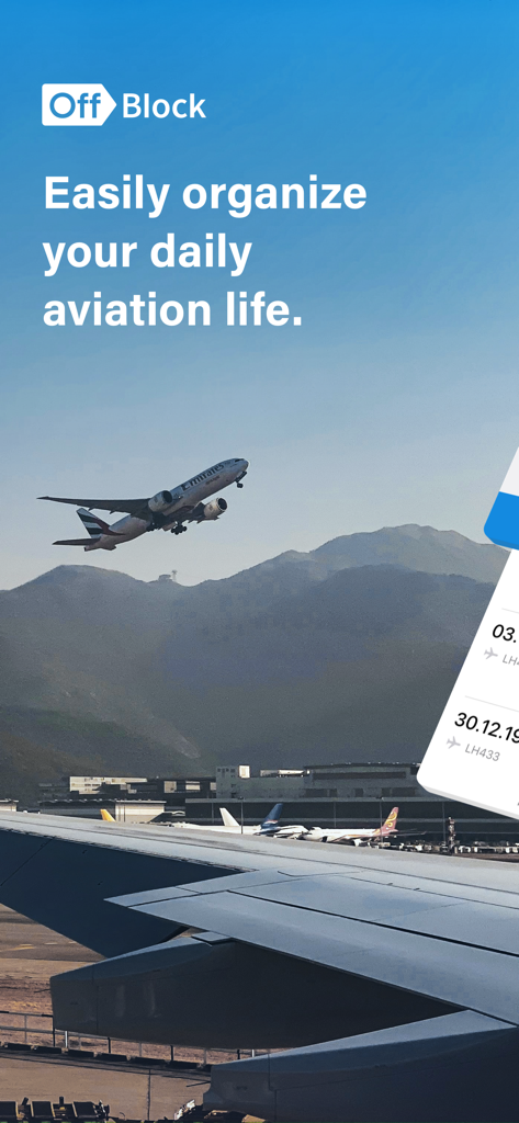 OffBlock - Pantalla de introducción de la aplicación OffBlock con un avión despegando y texto sobre la organización de la vida aeronáutica diaria