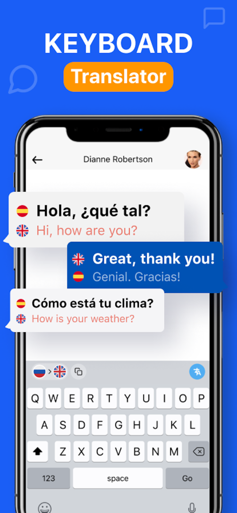 Interfaccia dell'app Voicelator che mostra la traduzione in tempo reale all'interno di una chat di messaggistica utilizzando la tastiera integrata