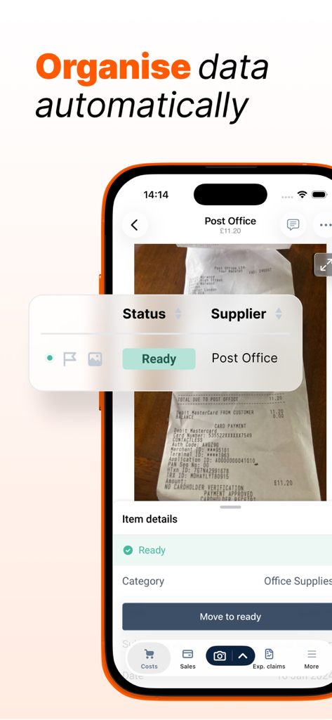 Dext mobile app screenshot showing automatic receipt data extraction and organization features
