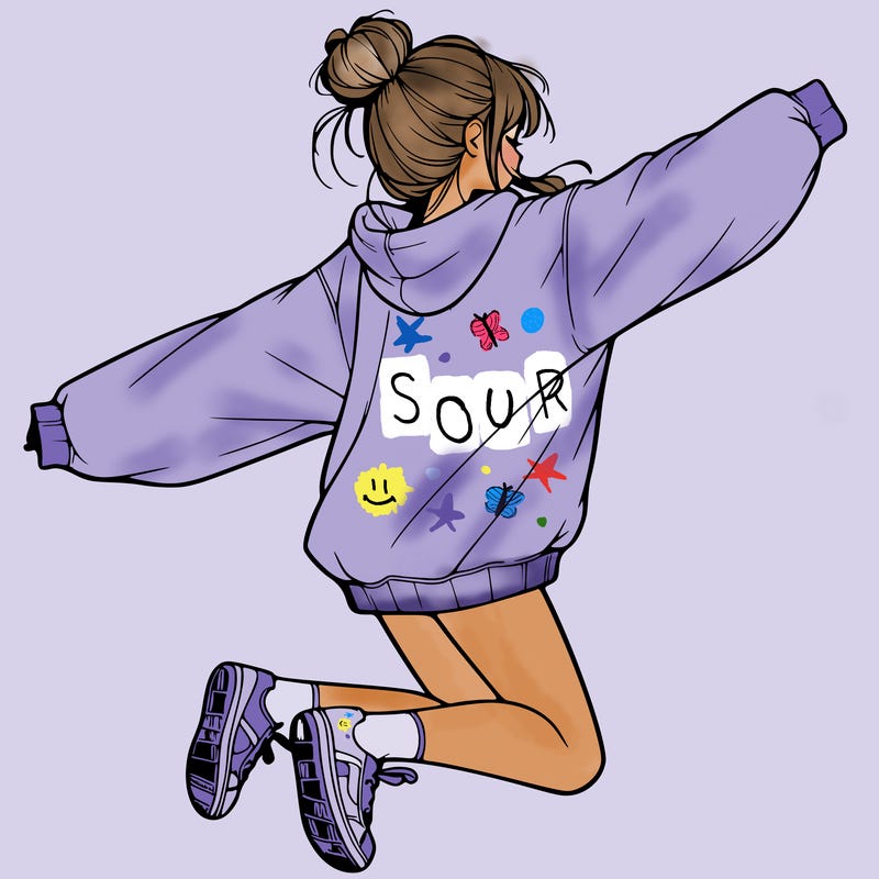 realistic girl jumping with a bun and oversized sweatshirt