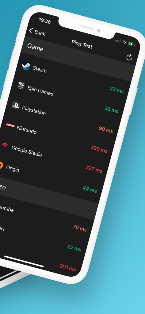 Pantalla de Prueba de Ping de NetScan que muestra la latencia de red para plataformas de juegos como Steam y PlayStation