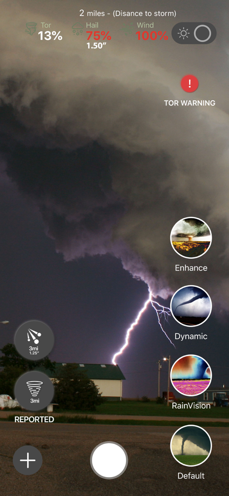 Augmented reality view of a severe storm with lightning and real-time tornado warning data