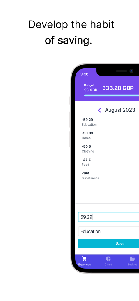 BudgetSense Ninja mobile app interface showing a list of expenses and a form to add new entries