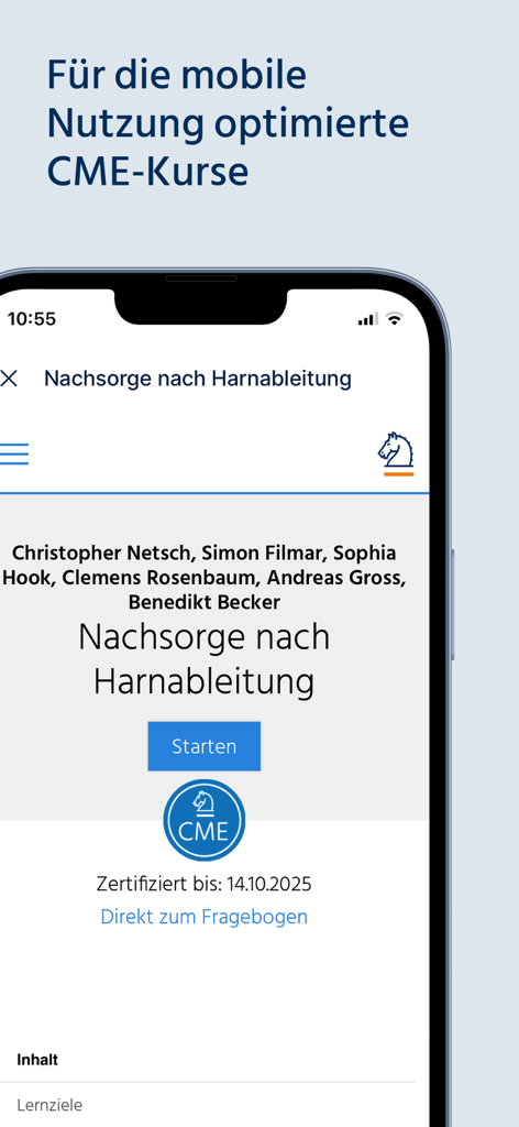 Interface of the CME Springer Medizin app showing a medical course optimized for mobile use