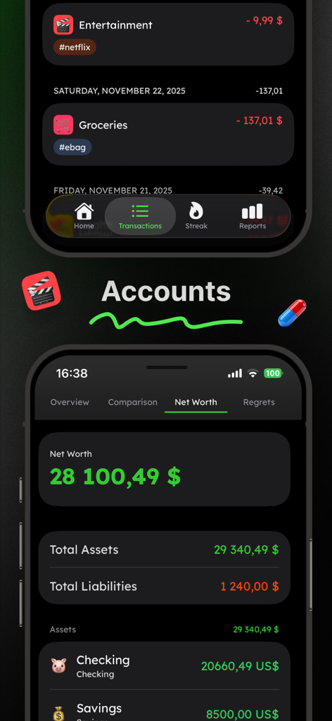 Spending Tracker: Cashscreen - Cashscreen app interface displaying net worth and recent spending transactions in dark mode