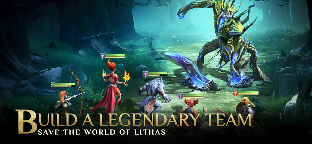 Legacy of Lithas - A group of diverse fantasy heroes facing a giant glowing tree monster in a dark forest