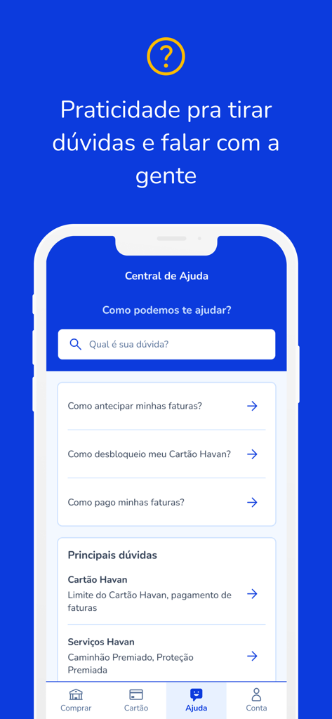 HAVAN - Help center screen of the Havan app showing common questions and a search bar for customer support