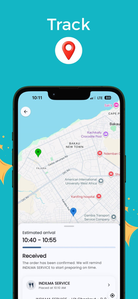Mapa de seguimiento de entrega en tiempo real en la aplicación Indil que muestra la hora estimada de llegada y el estado del pedido.