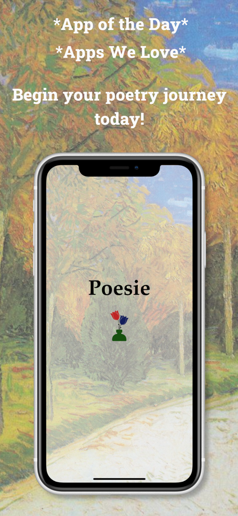 Poesie: The Daily Poetry App - An iPhone displaying the Poesie app welcome screen over an impressionist painting background with text promoting a daily poetry journey.