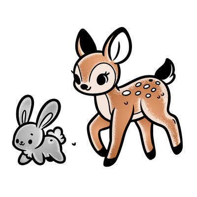 a fawn walking with a cute bunny