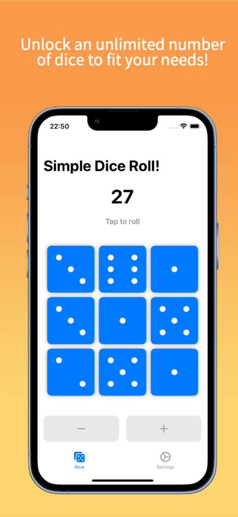 Simple Dice Roll! - Pantalla del iPhone que muestra la aplicación Simple Dice Roll con nueve dados azules que suman veintisiete