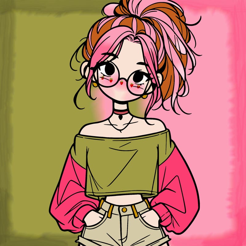 girl with a messy ponytail glasses a baggy crop top and jean shorts