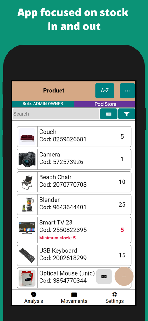Stock Manager Online - A mobile interface of Stock Manager Online showing a product inventory list with stock quantities and item codes