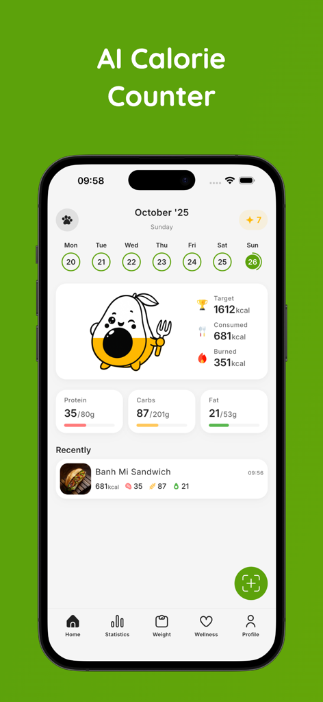 CalSnap - AI Calorie Counter - CalSnap AI calorie counter dashboard displaying daily nutrition stats and meal history
