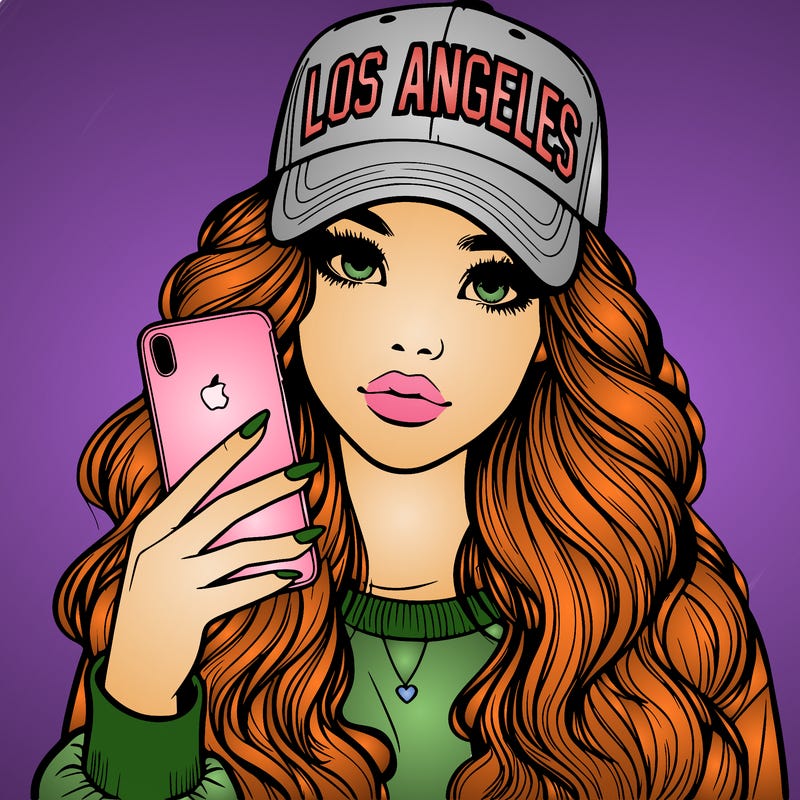 realistic beautiful girl wearing los ángeles cap holding an iphone