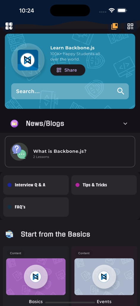 Learn Backbone.js Framework - Dashboard of the Learn Backbone.js Framework app featuring interview questions and coding lessons