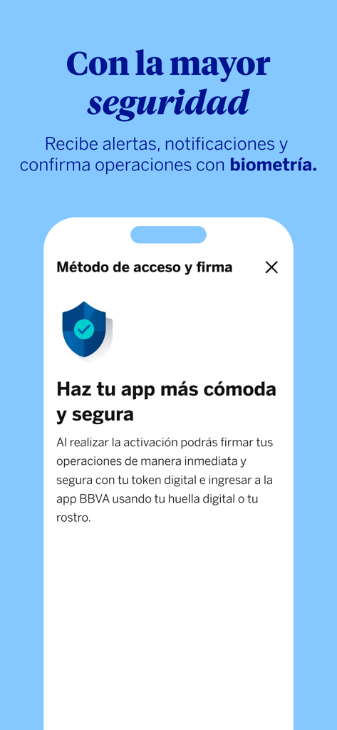 BBVA Colombia | Banca Móvil - Écran de sécurité de l'application mobile BBVA Colombie mettant en évidence l'accès biométrique et les fonctionnalités de token numérique.