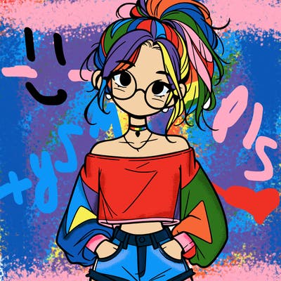 girl with a messy ponytail glasses a baggy crop top and jean shorts