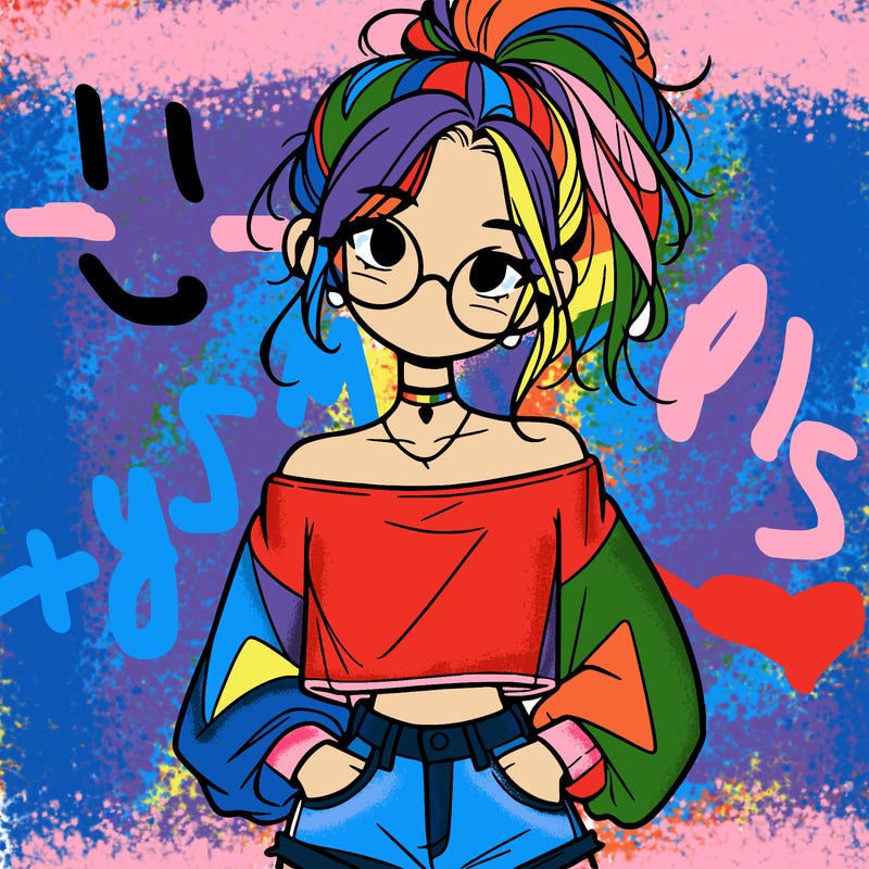 girl with a messy ponytail glasses a baggy crop top and jean shorts