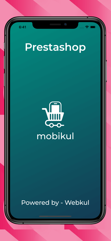 Pantalla de inicio de la Aplicación Móvil PrestaShop con los logotipos de Mobikul y Webkul
