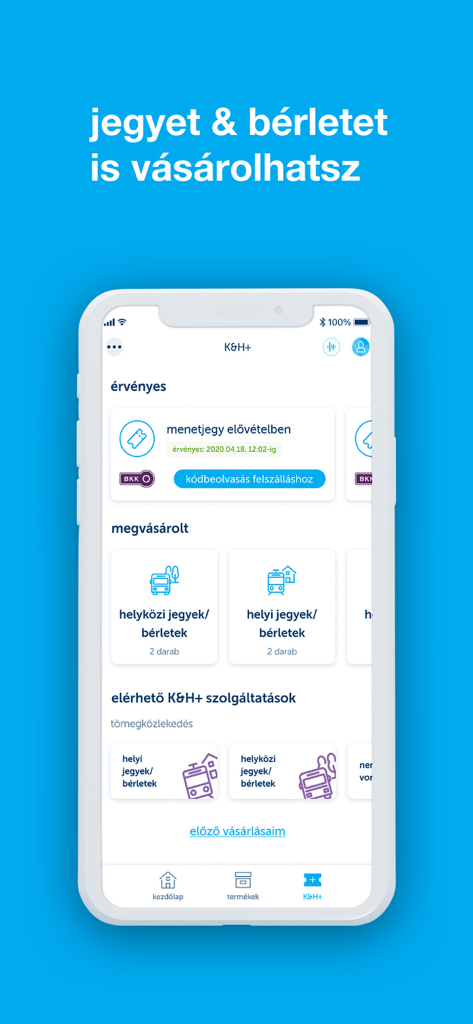 K&H mobilbank - Tela do aplicativo K&H mobilbank mostrando recursos de compra de passagens de transporte público