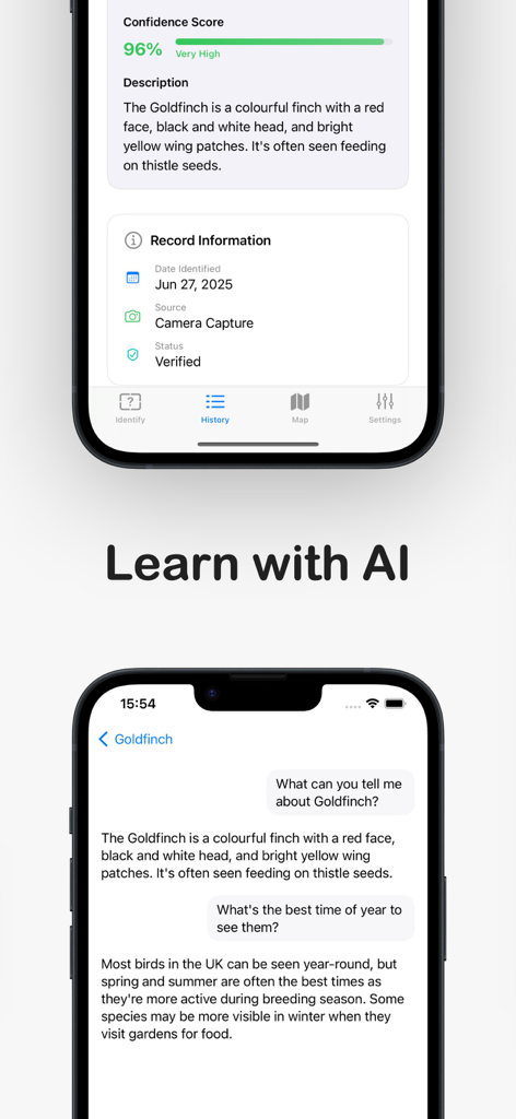 Bird Feather Identification - Interface of the BirdID app showing bird identification results and an AI chat assistant