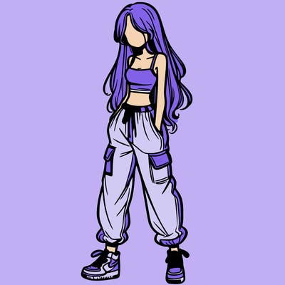 girl in baggy pants crop top and long hair