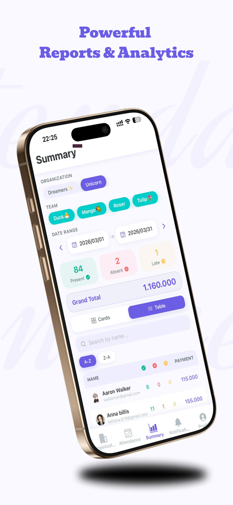 Attendance Manager 2 - Attendance Manager 2 app showing a summary screen with detailed reports and analytics for attendance and billing.