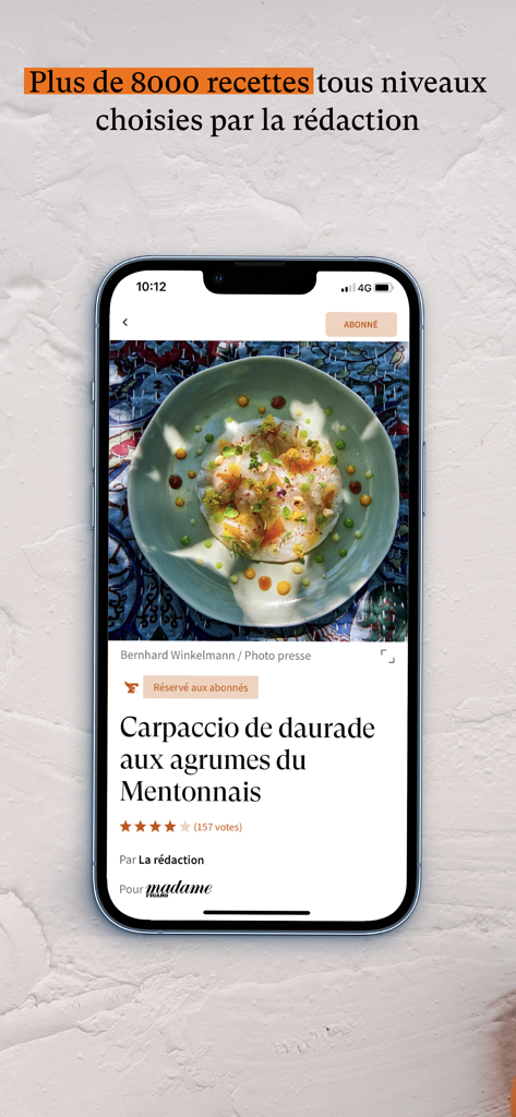 Le Figaro Cuisine - iPhone screen displaying a premium French carpaccio recipe from the Le Figaro Cuisine app.