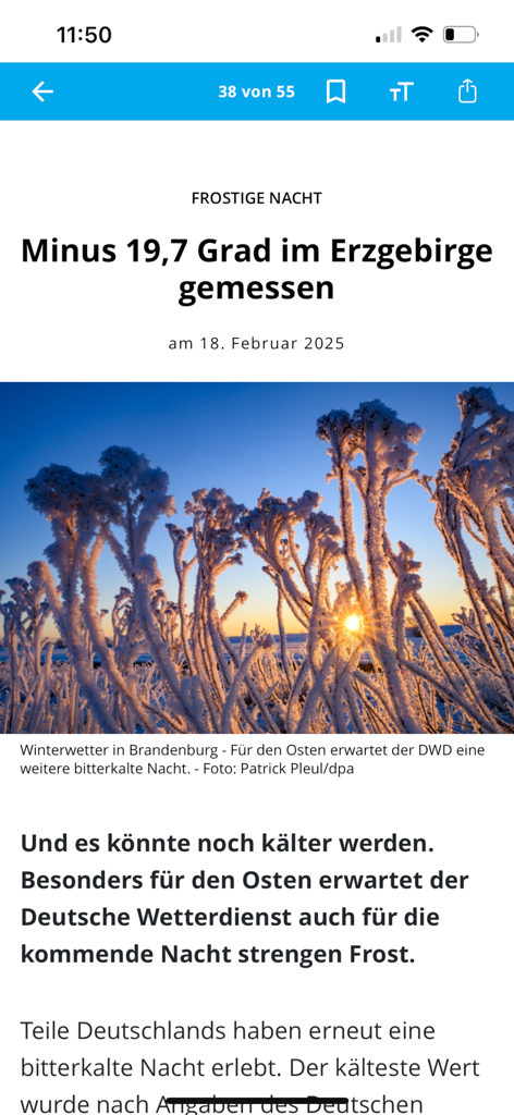 DK News - DONAUKURIER Mobil - Ein Nachrichtenartikel in der DK News App berichtet über extreme Kälte im Erzgebirge