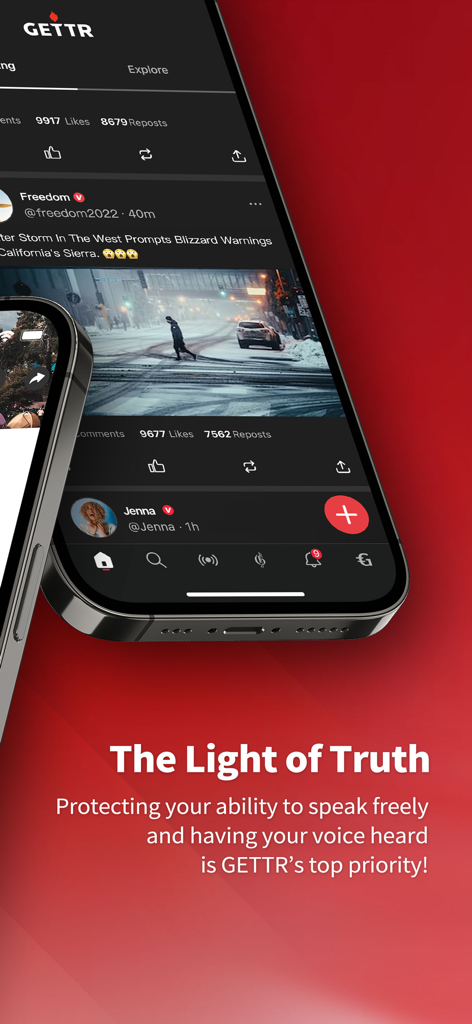 GETTR - A Marketplace of Ideas - GETTR app interface on a smartphone highlighting its commitment to free speech and uncensored discourse.