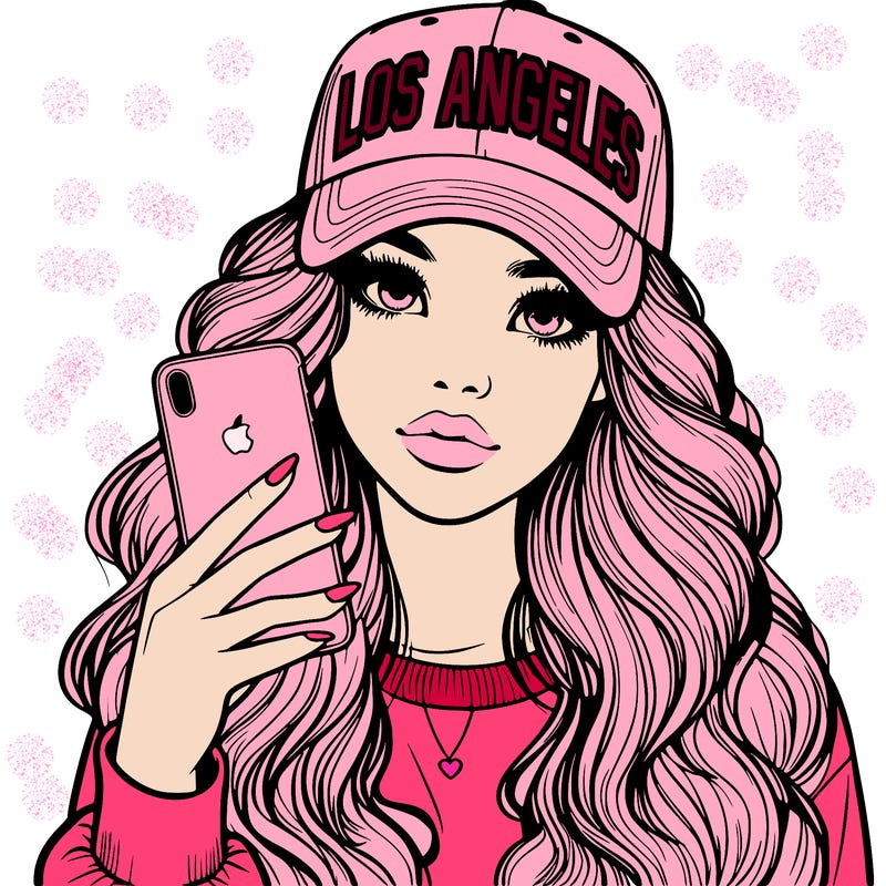 realistic beautiful girl wearing los ángeles cap holding an iphone