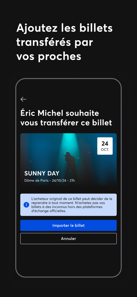 Fan Wallet - Mobile app interface of Fan Wallet showing a digital ticket transfer request for a concert event