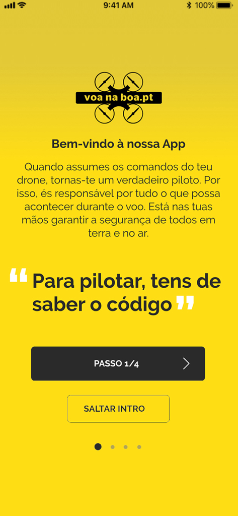 Pantalla de bienvenida de la aplicación Voa na Boa con fondo amarillo y el logotipo del icono de un dron.