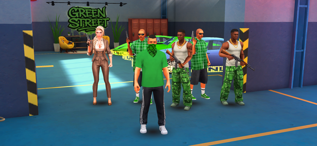 Gangs Fighter: Vice Island - A group of armed gang members standing in a garage hideout with urban graffiti