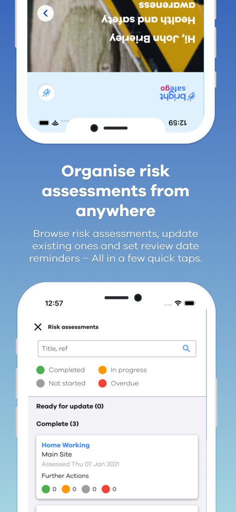 Dashboard of BrightSafe On The Go app displaying status and organization of workplace risk assessments.
