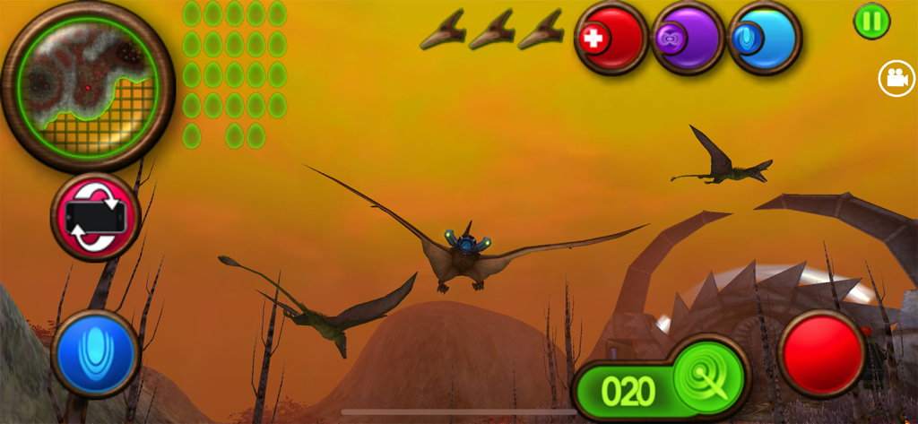 A flying dinosaur equipped with futuristic weapons in a Nanosaur 2 gameplay screenshot.