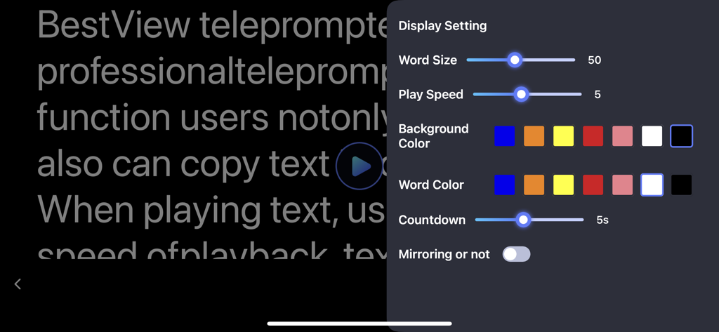 Desview - Menu delle impostazioni di visualizzazione del teleprompter Desview che mostra controlli per la dimensione del testo, la velocità di riproduzione e i colori del testo.