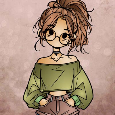 girl with a messy ponytail glasses a baggy crop top and jean shorts