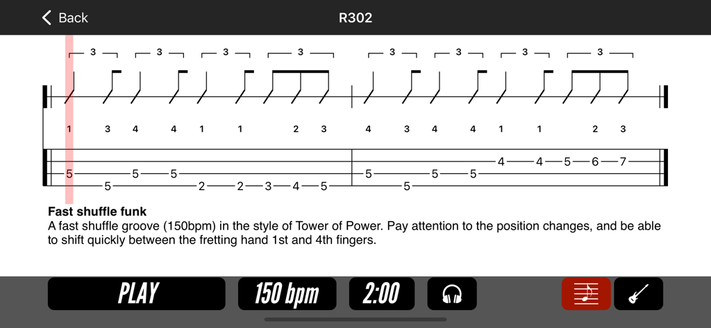 Bass Gym with MarloweDK - Bass guitar tablature and rhythmic notation for a fast shuffle funk exercise in the Bass Gym app