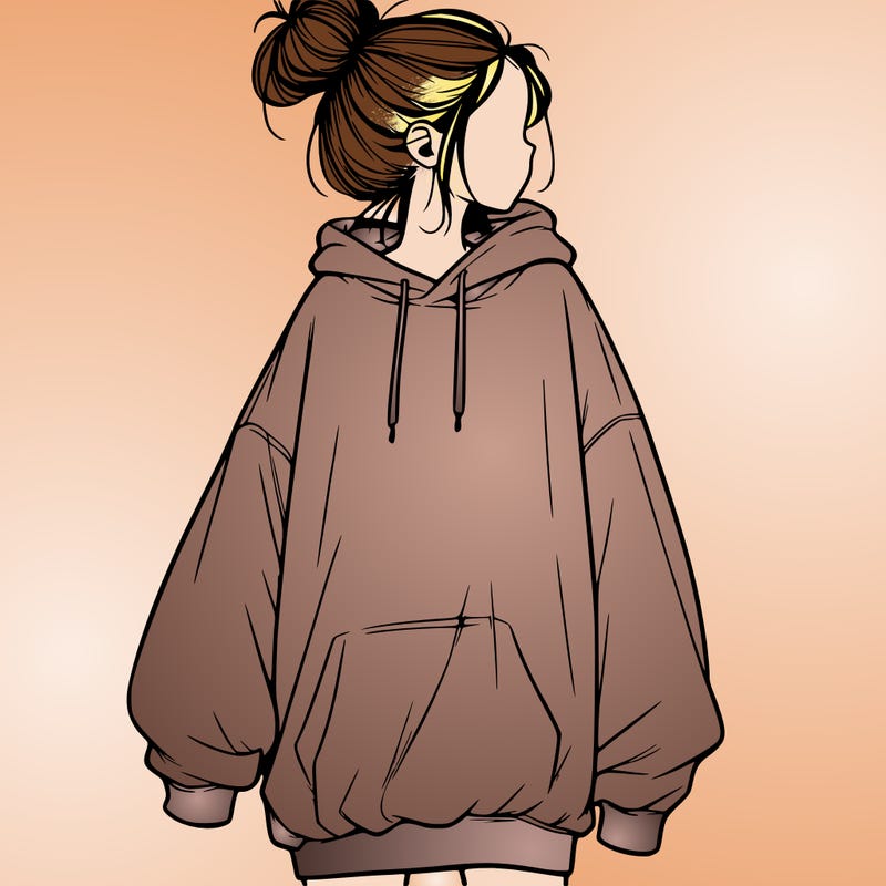 realistic girl with a oversized sweatshirt on and a bun