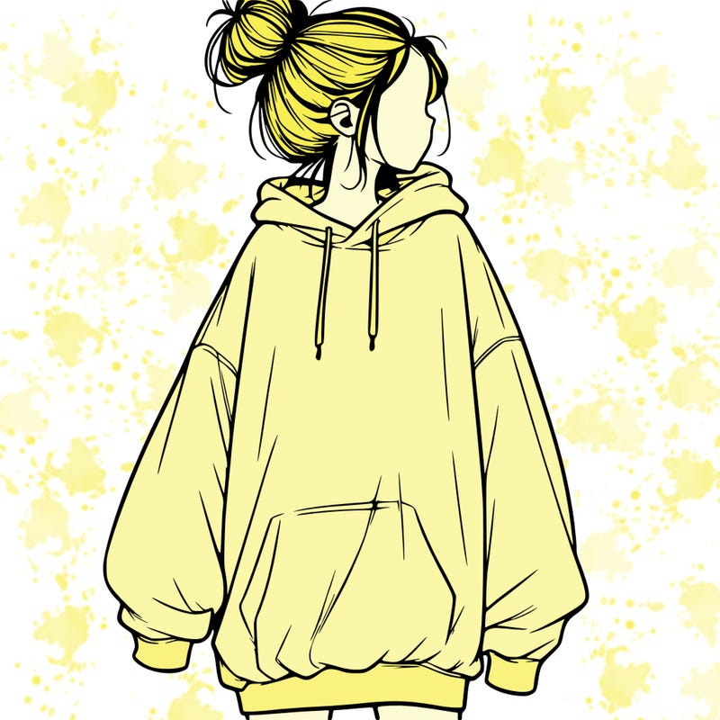 realistic girl with a oversized sweatshirt on and a bun