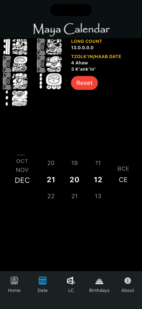 Maya Calendar - Maya-Kalender-App-Oberfläche, die eine Datumsübersetzung in die Maya-Langzeitzählung und Hieroglyphen für den 21. Dezember 2012 zeigt