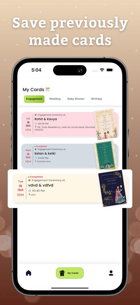 Invitation Card Pdf Maker - App interface showing saved engagement invitation cards under the My Cards tab