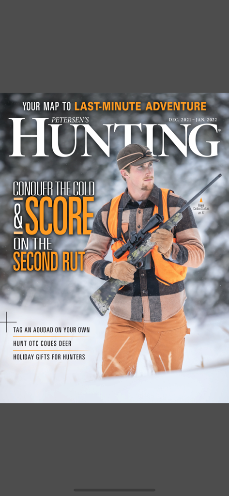 Petersen's Hunting Magazine cover featuring a hunter with a rifle in a snowy setting.
