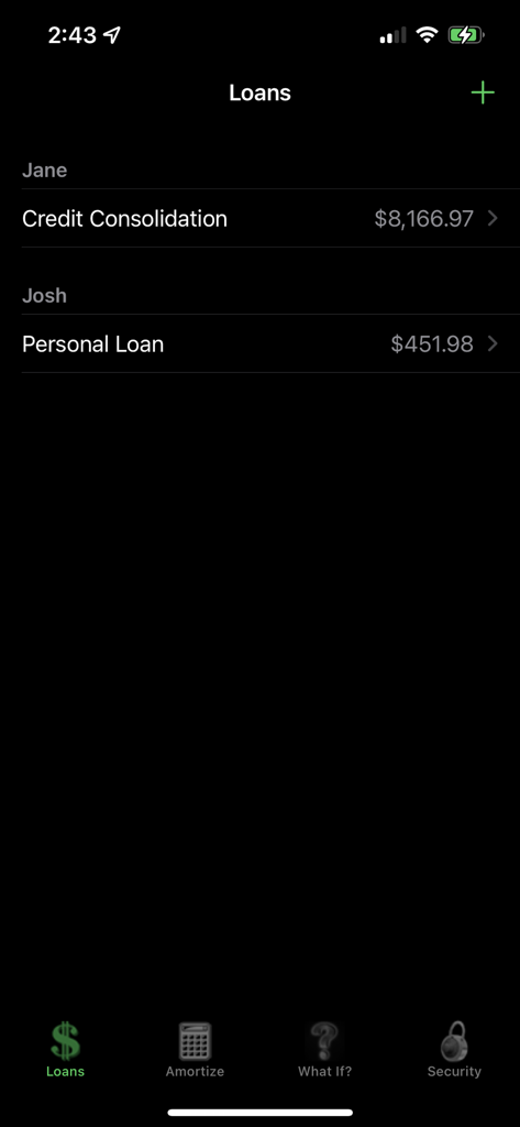 iLoan 앱의 모바일 화면으로 차용자 이름과 현재 잔액이 표시된 추적 중인 개인 대출 목록을 보여줍니다.