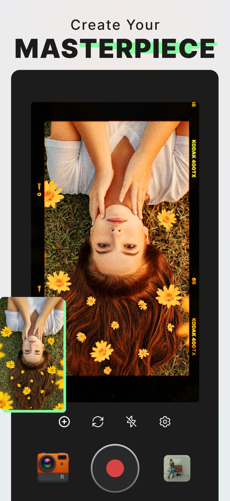 reFilm: Vintage Camera Filters - Smartphone screen showing the reFilm app interface with a vintage Kodak 400TX film filter applied to a portrait